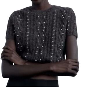 Zara Cropped Rhinestone Cableknit Sweater Size Small Jewels Sparking